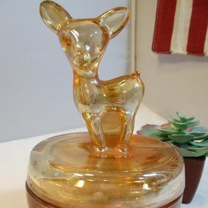 Vintage Jeannette Fawn Deer Bambi  Glass Trinket Powder Dresser Jar